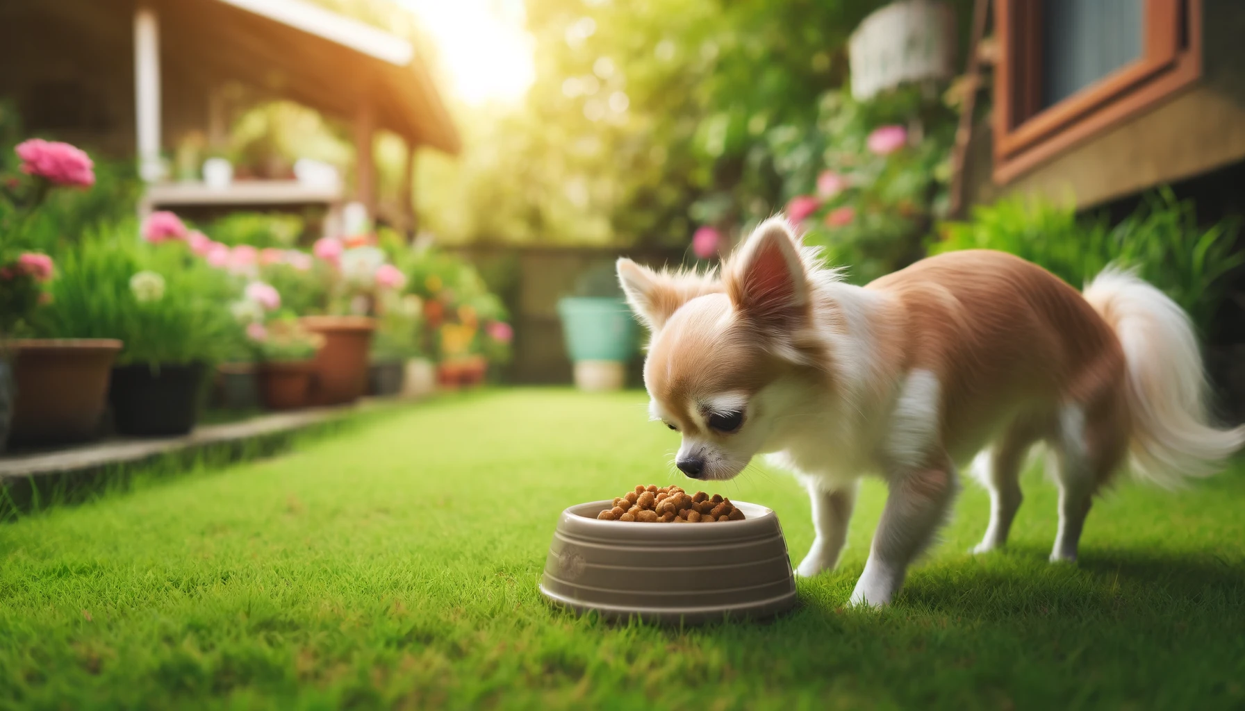 small dog eats food in backyard