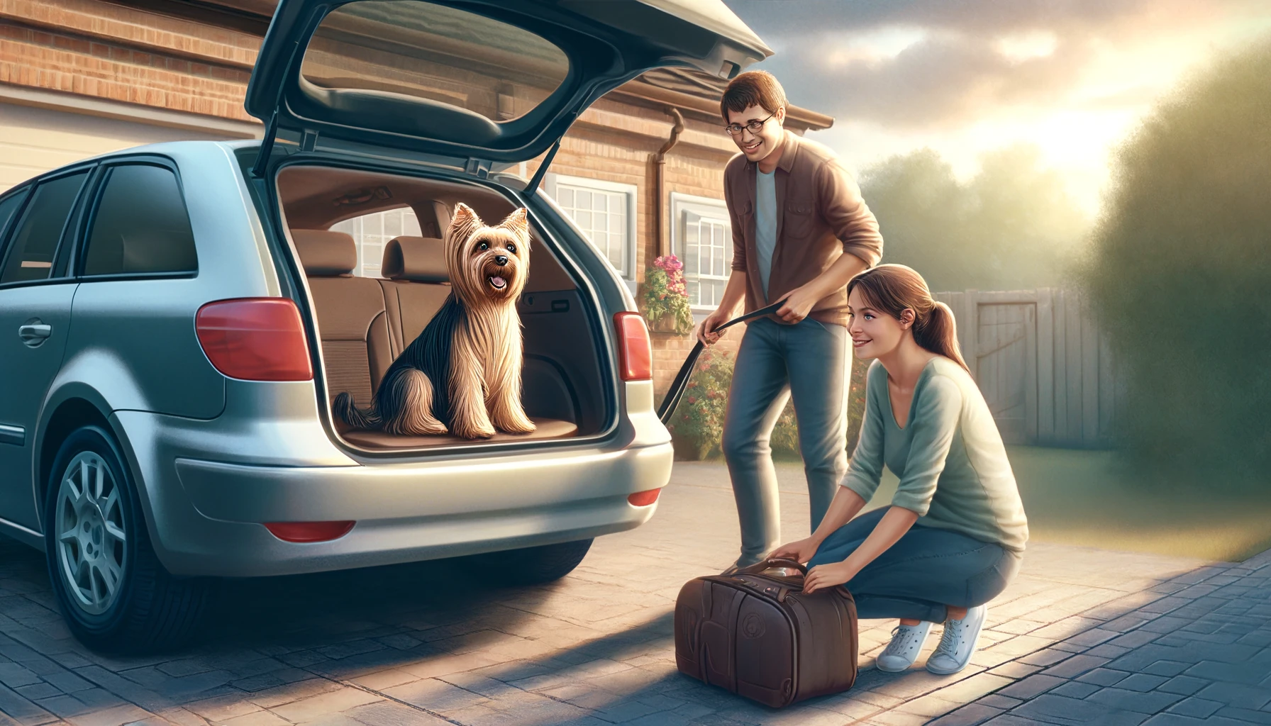 silky terrier is traveling with couple