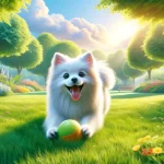 american eskimo dog is playing and exercising in park