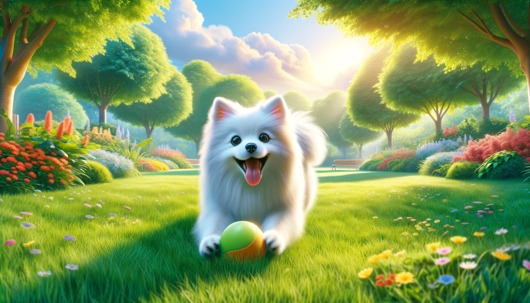 american eskimo dog is playing and exercising in park