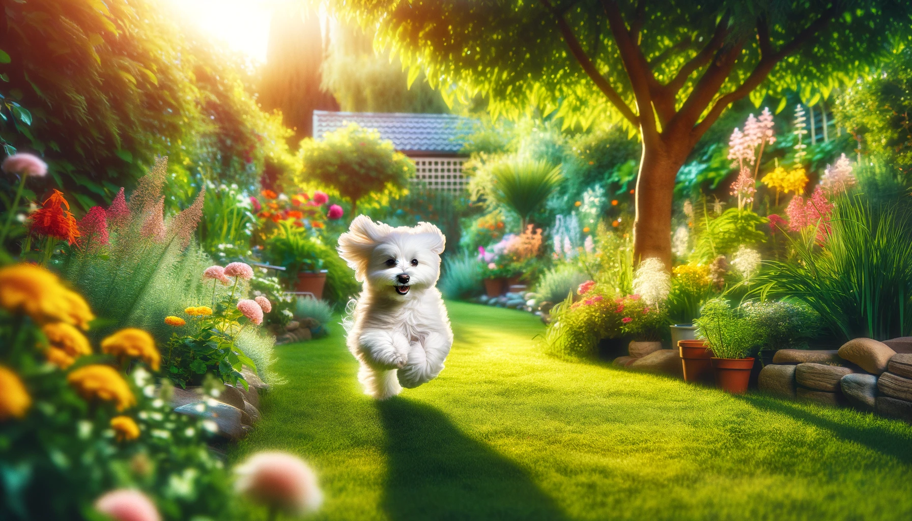maltese runs in the garden