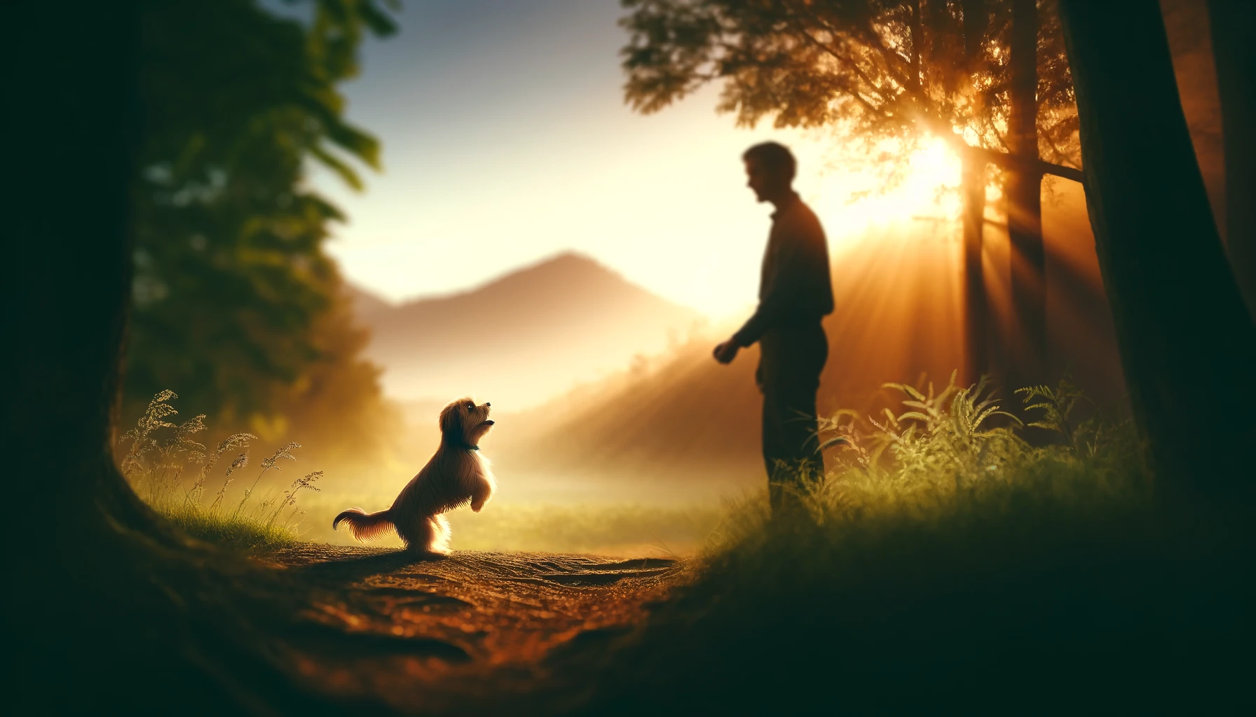 man training with small dog in nature